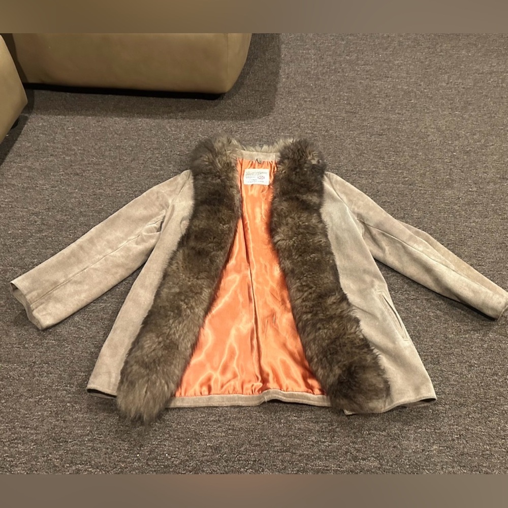 Women's M Taupe lined leather Suede Coat Lamb  Fur Trim - Made in England
